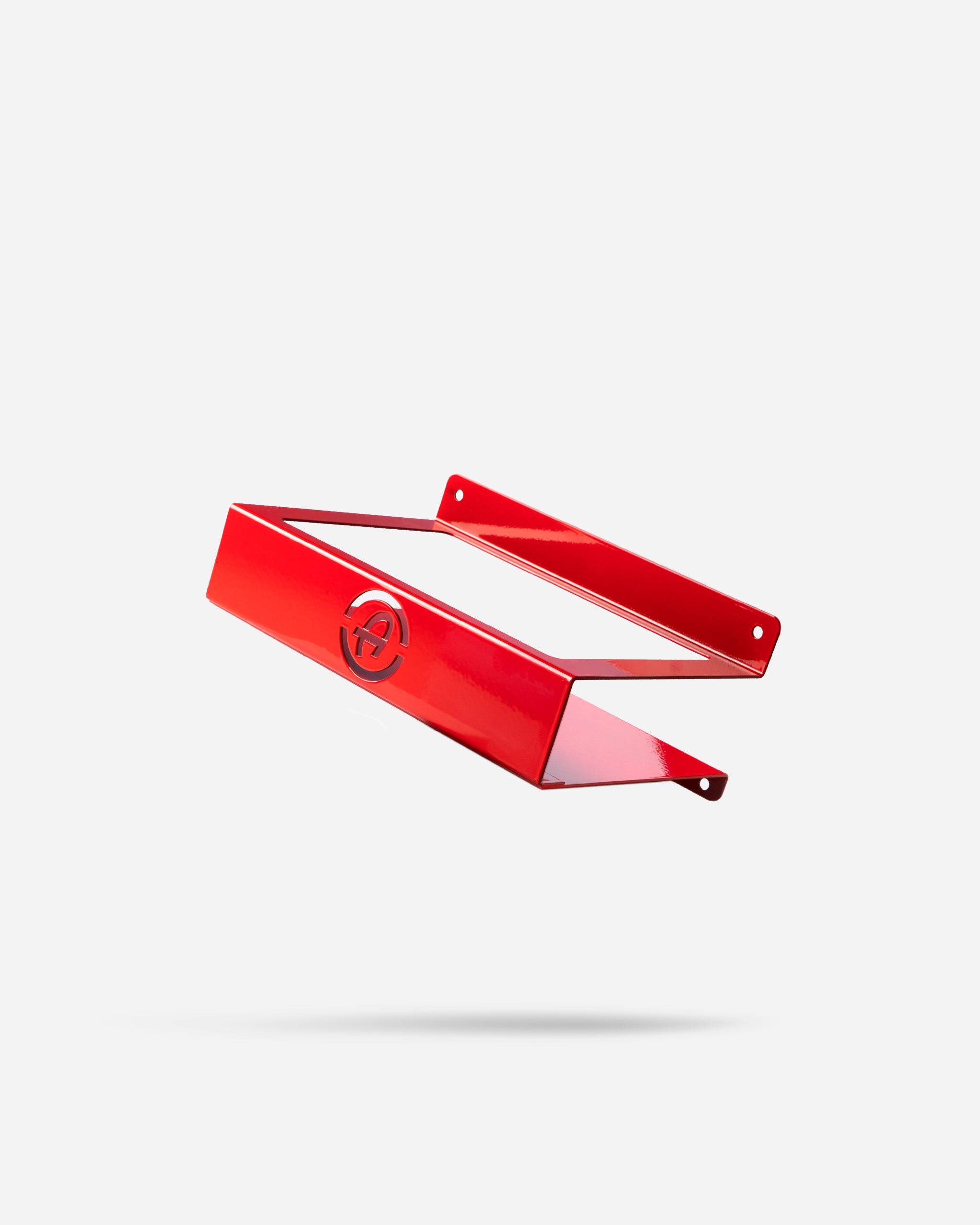 Red Adam's 1 Gallon Metal Holder with a logo, featuring a sleek, slanted design and pre-drilled mounting holes, isolated on a white background.
