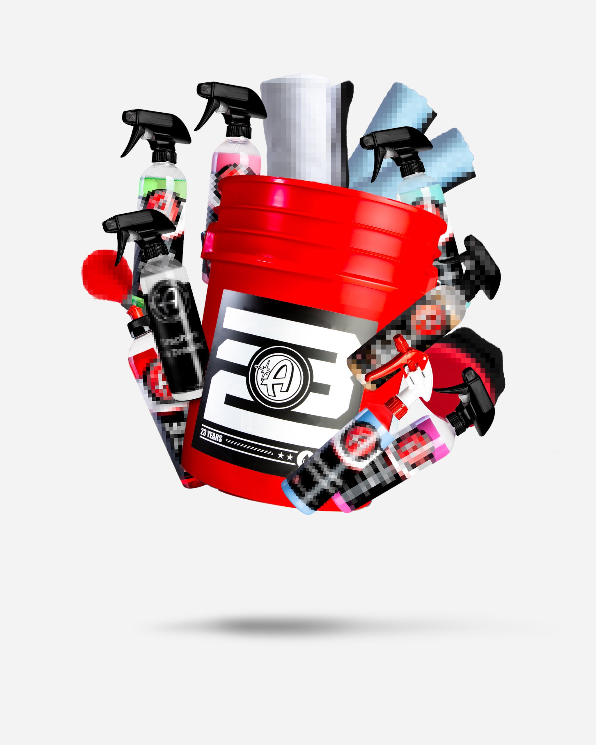 Alt text: "Adam's Mystery Bucket priced at $69.99 featuring a red bucket filled with various car care products including spray bottles, cloths, and a polish, mainly color-coordinated in red, white, and black, displaying the Adam