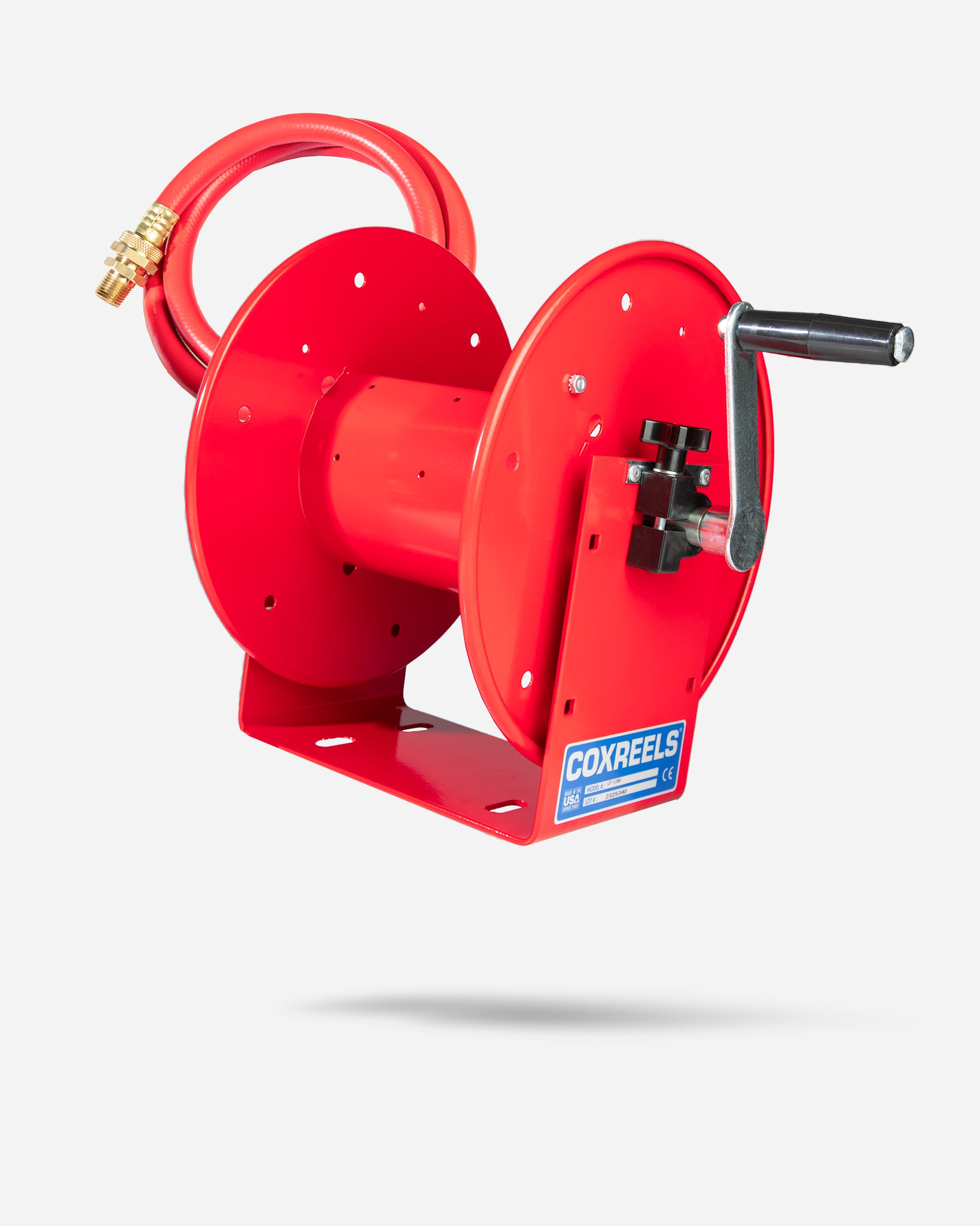 Bright red, Adam's 100' Premium Hose Reel with robust metal frame and crank mechanism, featuring a neatly coiled red hose with a brass fitting.