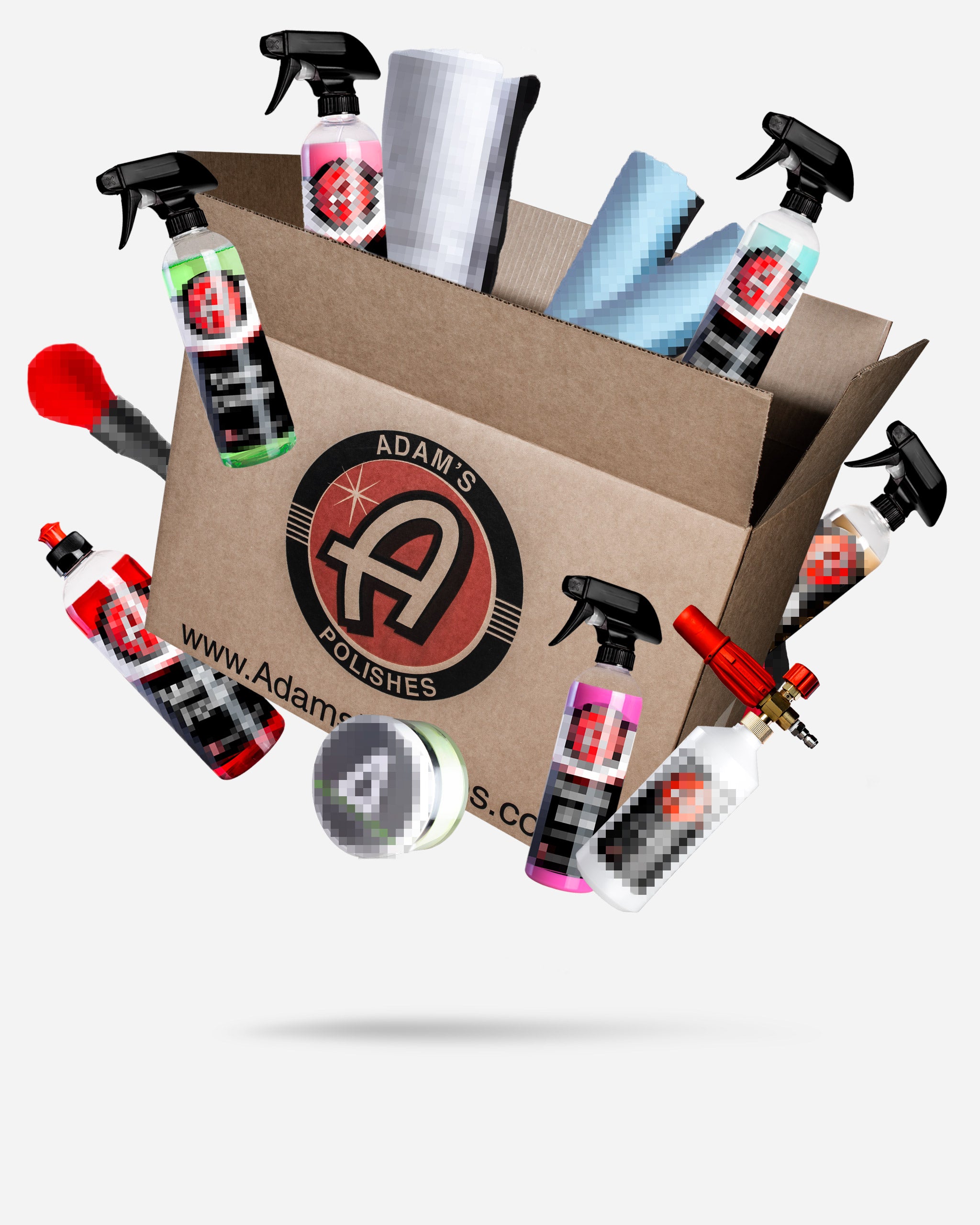 Alt text: "Adam's $499.99 MEGA Random Mystery Box filled with assorted auto detailing products, including spray bottles and microfiber towels, featuring the Adam's Polishes logo on the box."