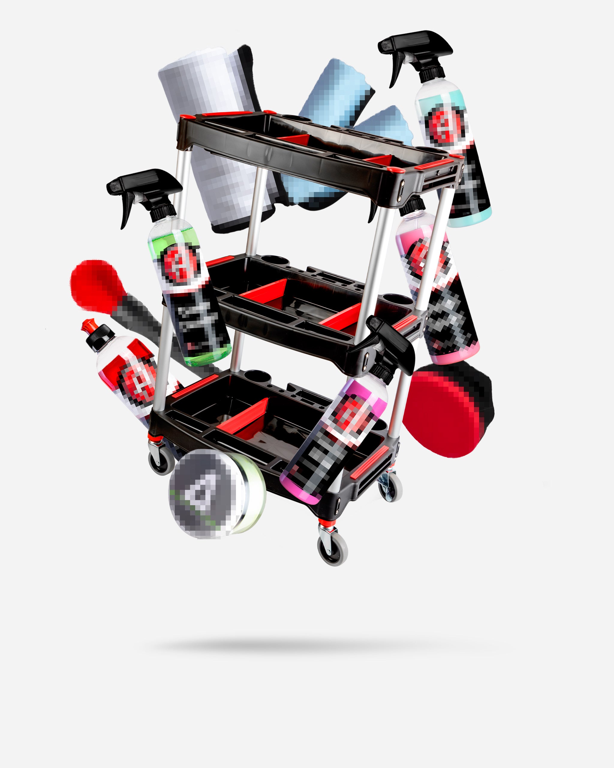 Alt text: Adam's Mystery Detail Cart priced at $139.99, filled with various car cleaning supplies pixelated for secrecy, including spray bottles and brushes, on a multi-level cart with wheels.