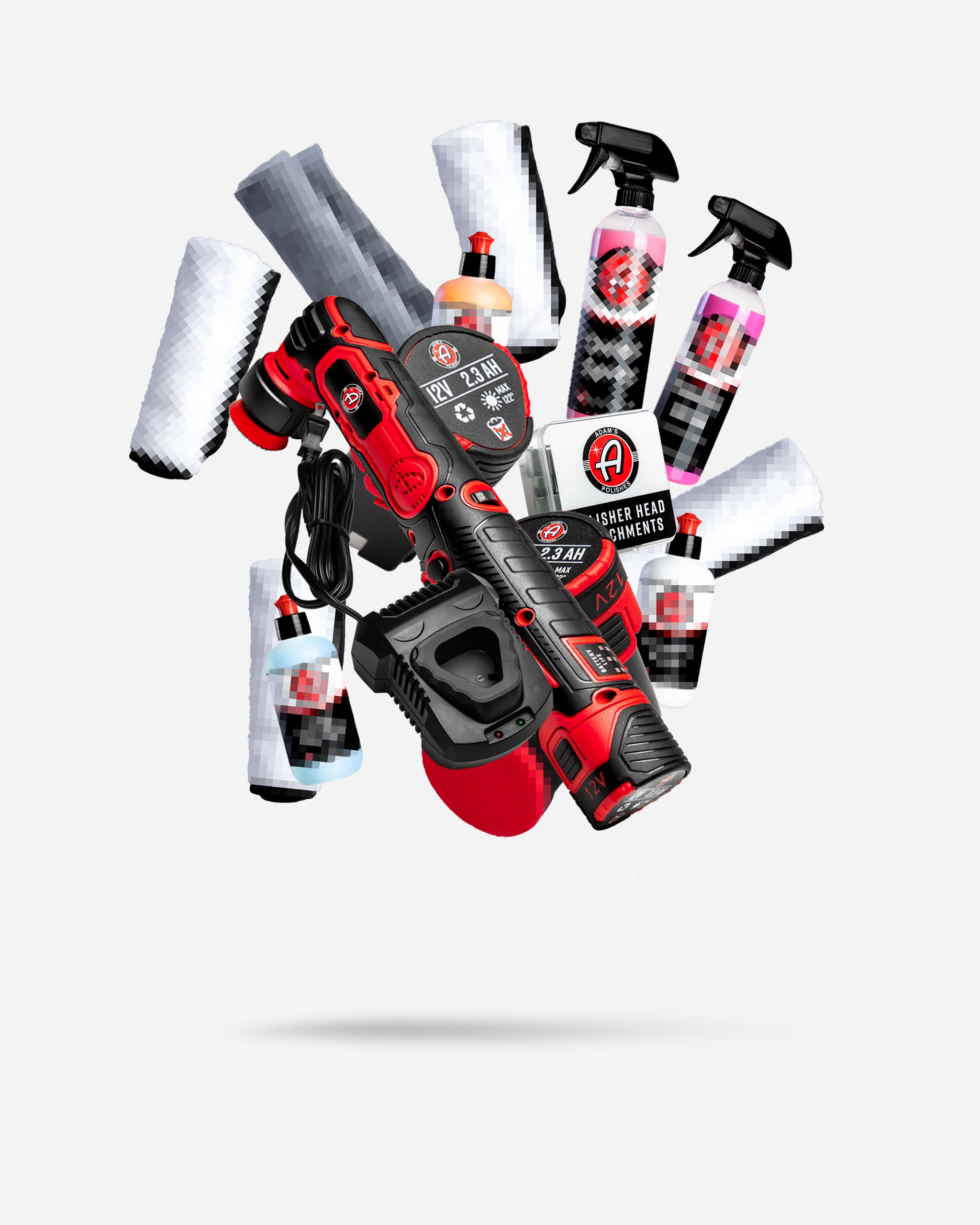 Alt text: Adam's $229.99 SK Pro Micro Polisher 2.0 Mystery Box featuring a red and black micro polisher tool with various accessories including spray bottles, polishing pads, and brushes, displayed against a white background.