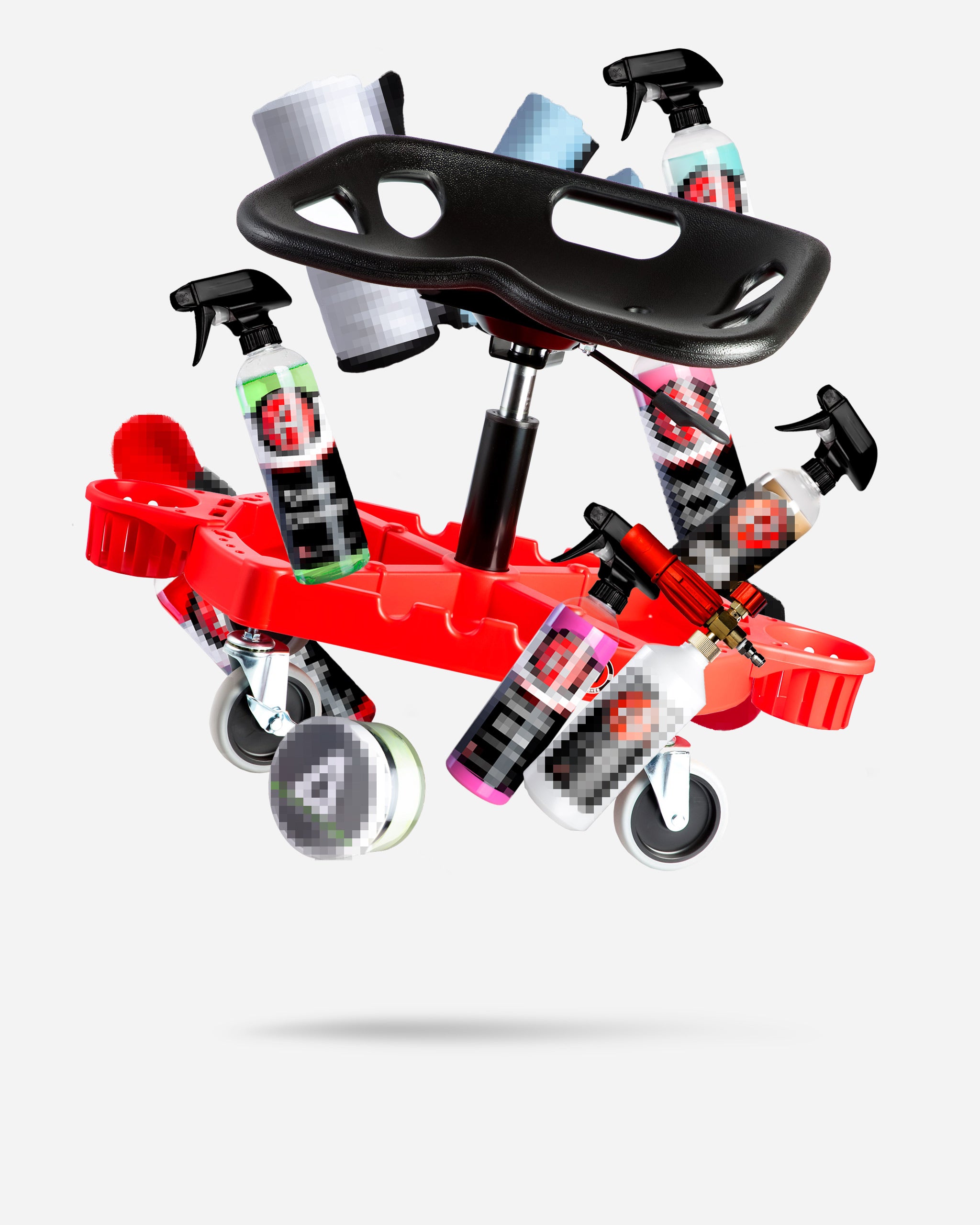 Alt text: "Adam's Mystery Detailing Stool priced at $119.99, featuring a black ergonomic seat atop a red wheeled base with multiple compartments holding various car detailing bottles and supplies, including brushes and spray bottles, all set against a